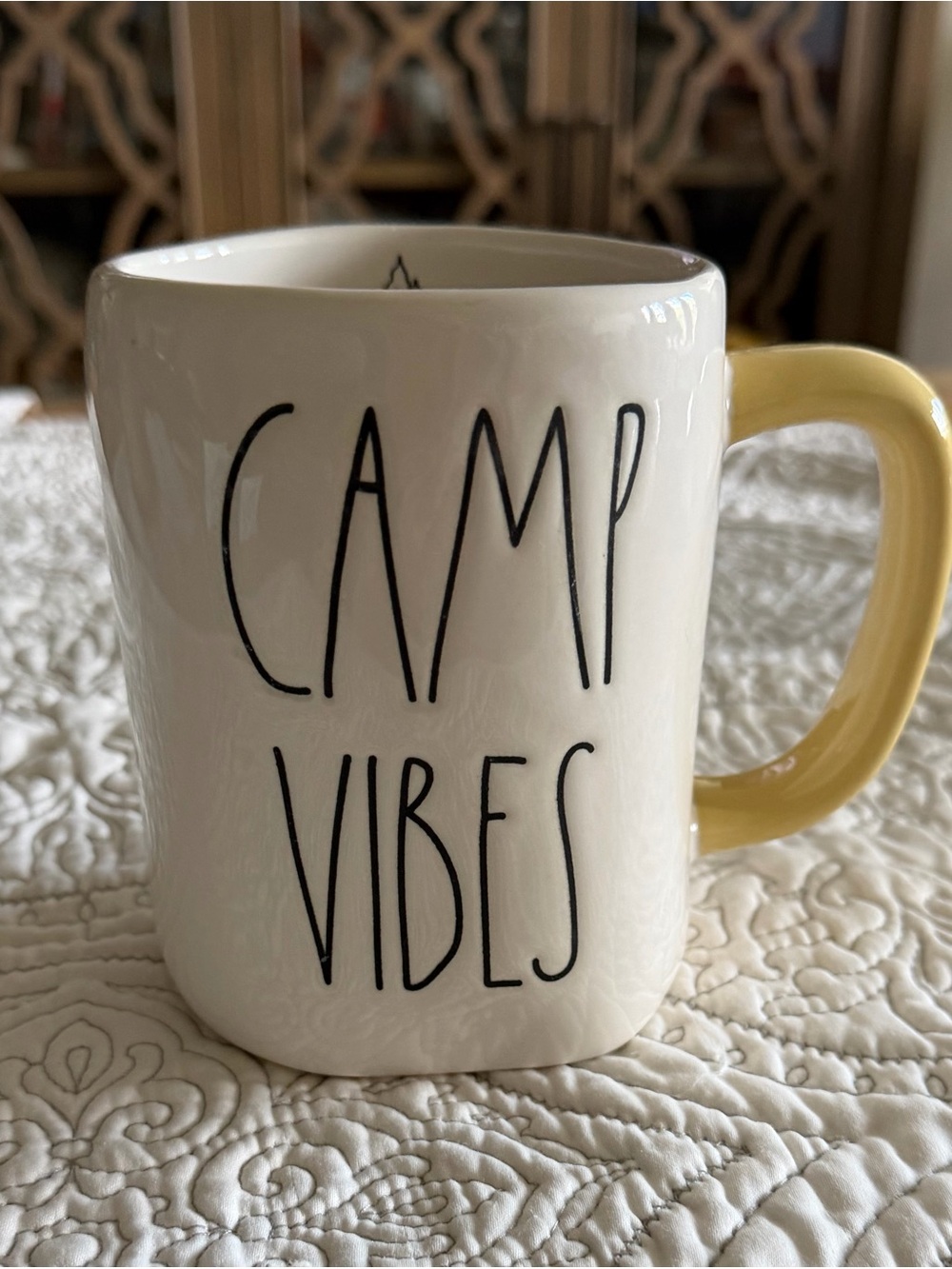 Rae Dunn White Mug with Yellow Handle - 'CAMP VIBES'